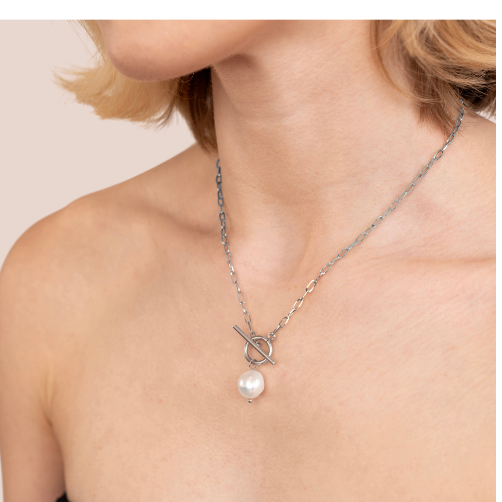 Eva Freshwater Pearl Silver Necklace — Waterproof Toggle Clasp Pearl Necklace