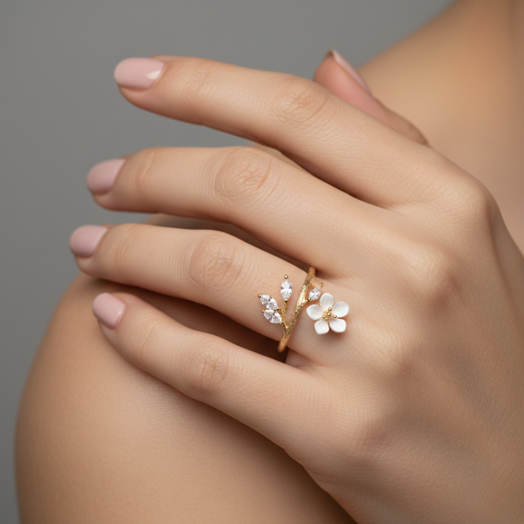 Blossom in White Floral Ring — Adjustable Nature-Inspired Statement Ring