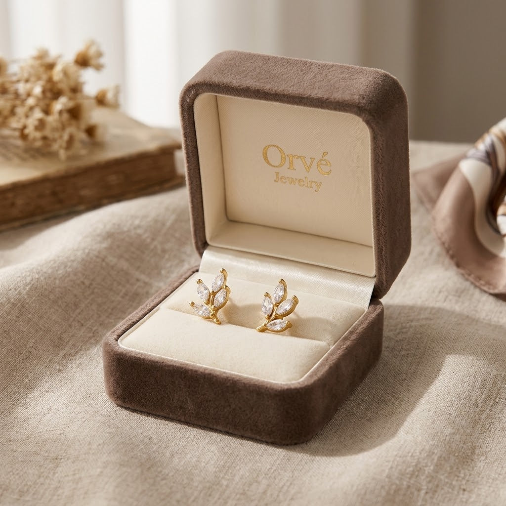 Crystal Chic Leaf Stud Earrings — Minimalist Nature-Inspired Gold Studs