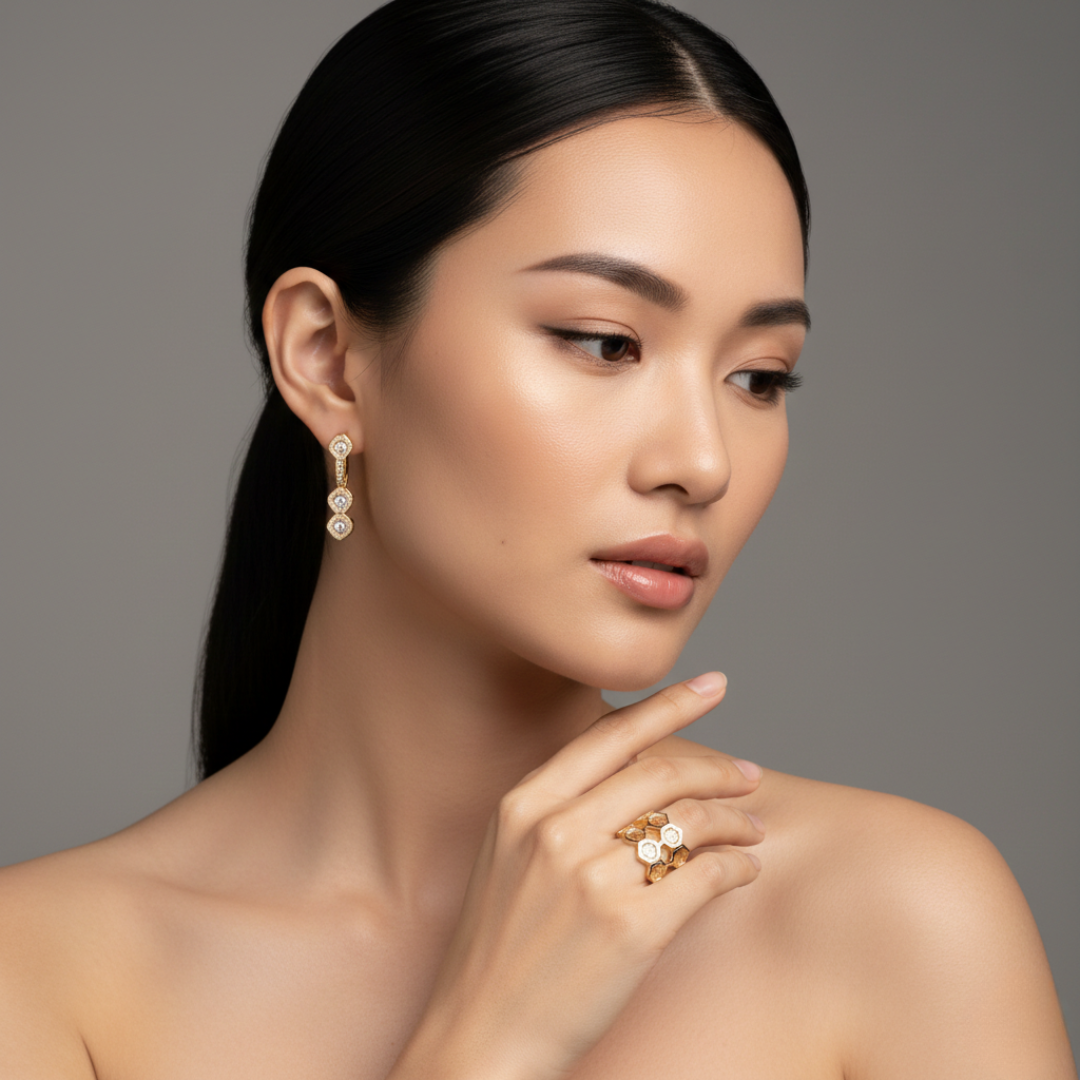 Bee Gold & Crystal Honeycomb Ring — 18K Gold Plated Adjustable Nature Ring