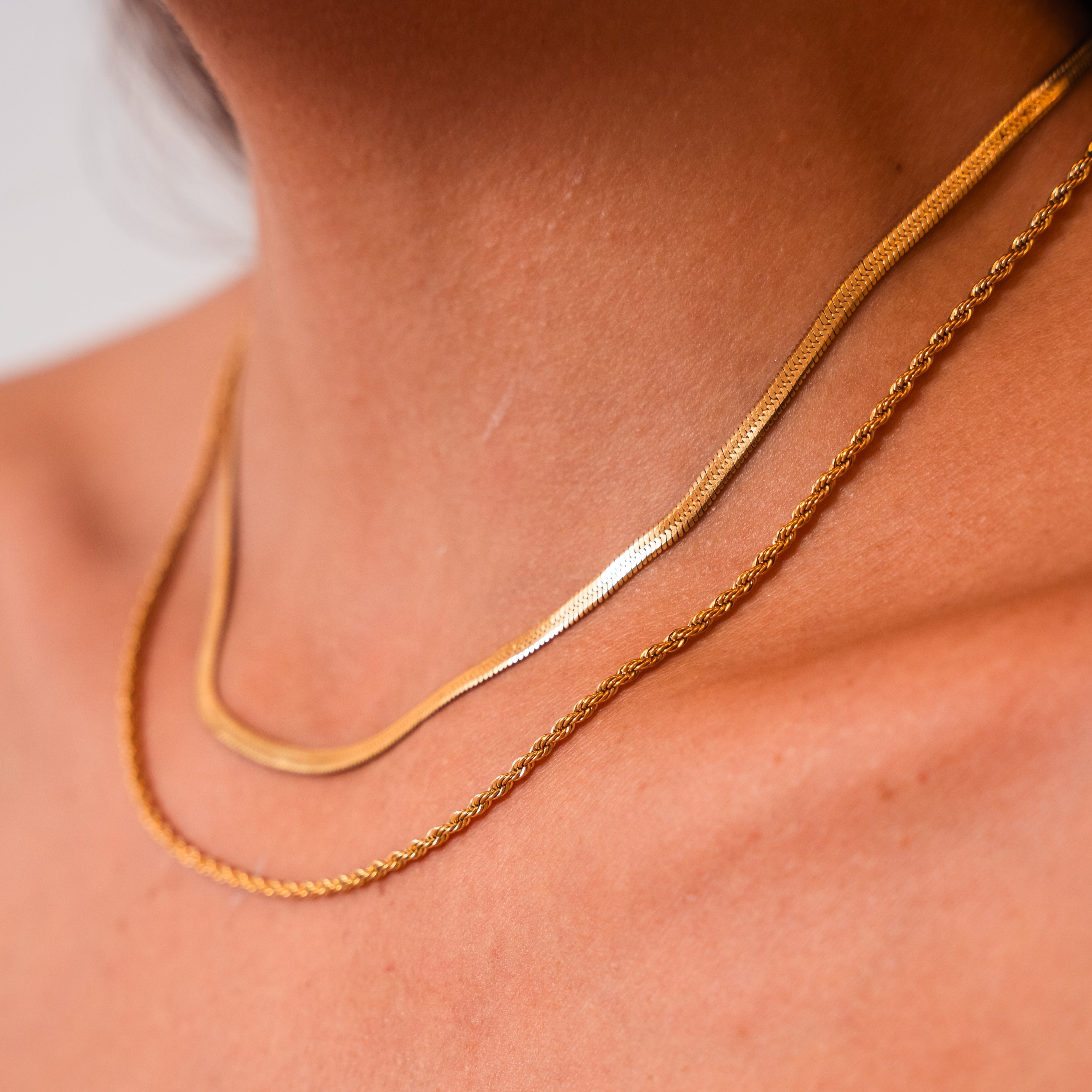 Lily Petal Strata Layered Necklace — 18K Gold PVD Herringbone & Rope Chain