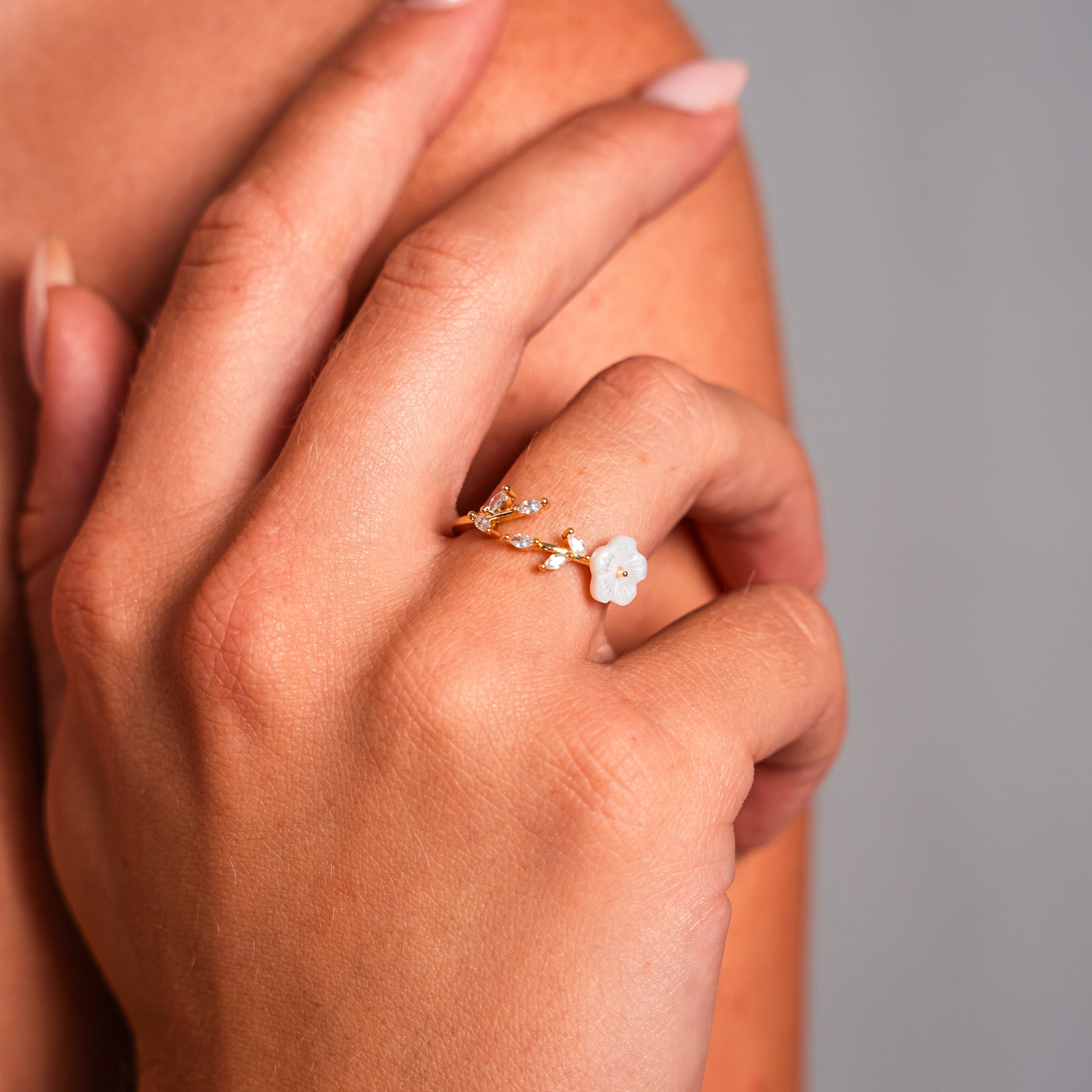 Blossom in White Floral Ring — Adjustable Nature-Inspired Statement Ring