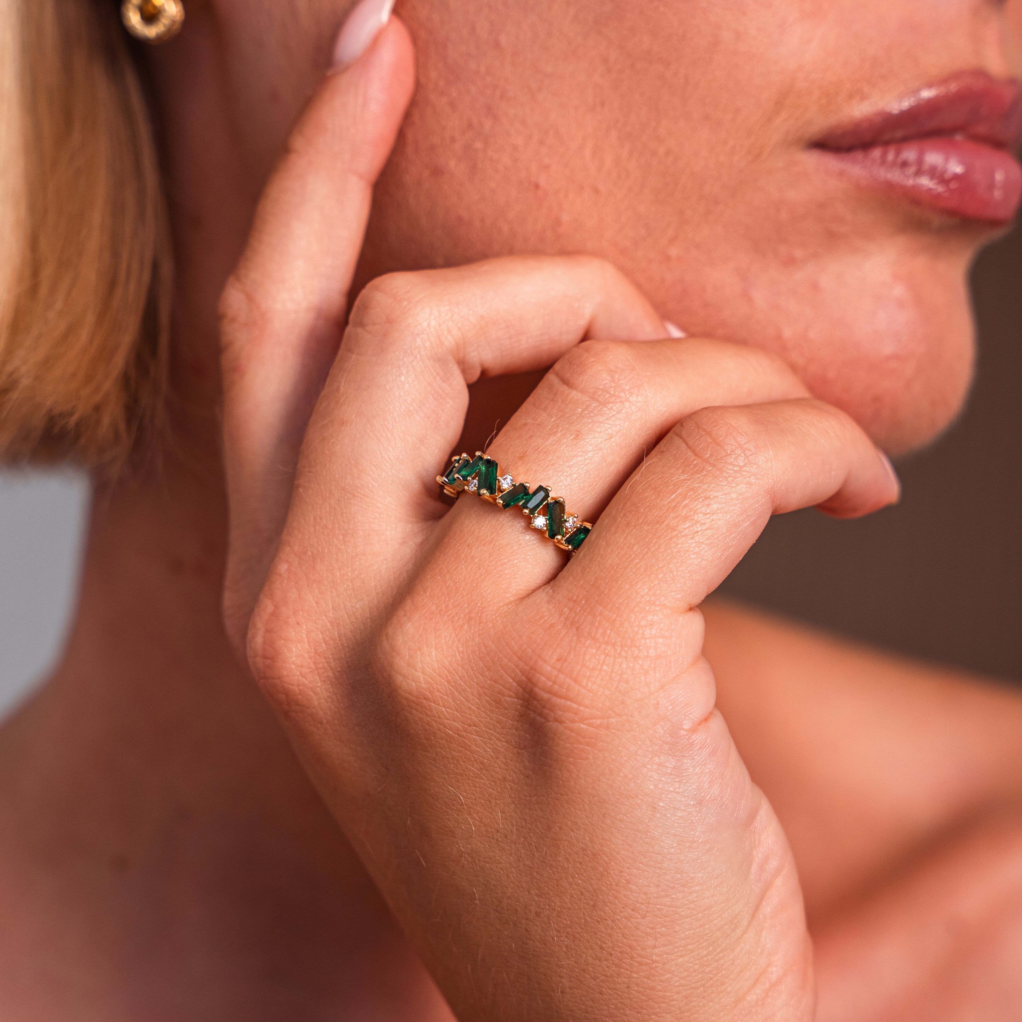 Emerald Elegance Boho Ring — Colourful Stone Textured Band Ring