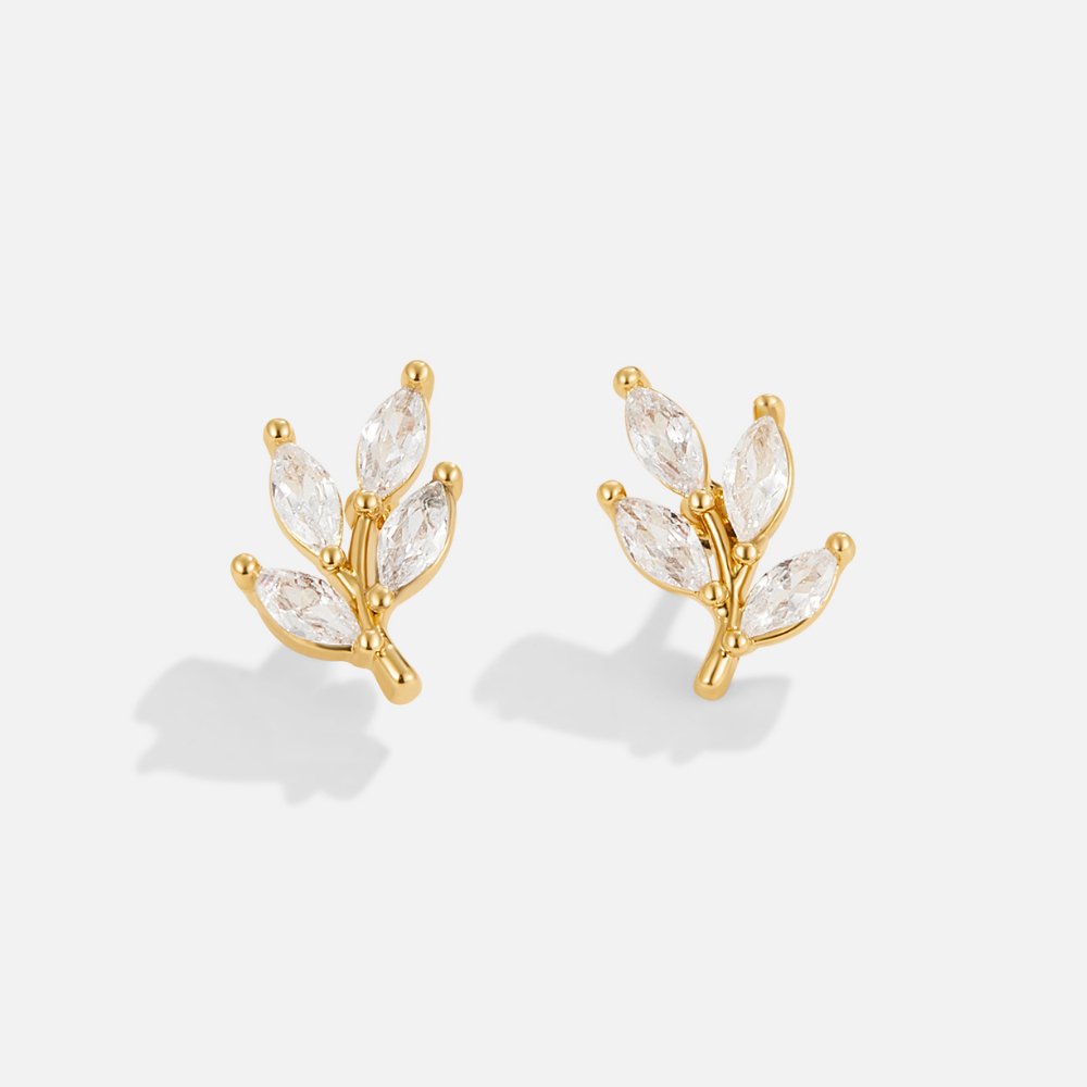 Crystal Chic Leaf Stud Earrings — Minimalist Nature-Inspired Gold Studs