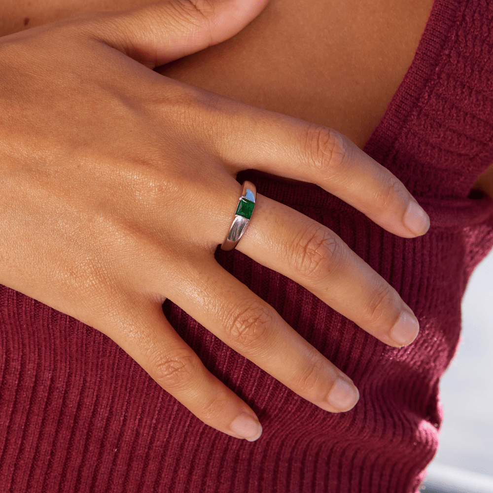 Ember Silver & Emerald Ring — Waterproof Green Stone Statement Ring