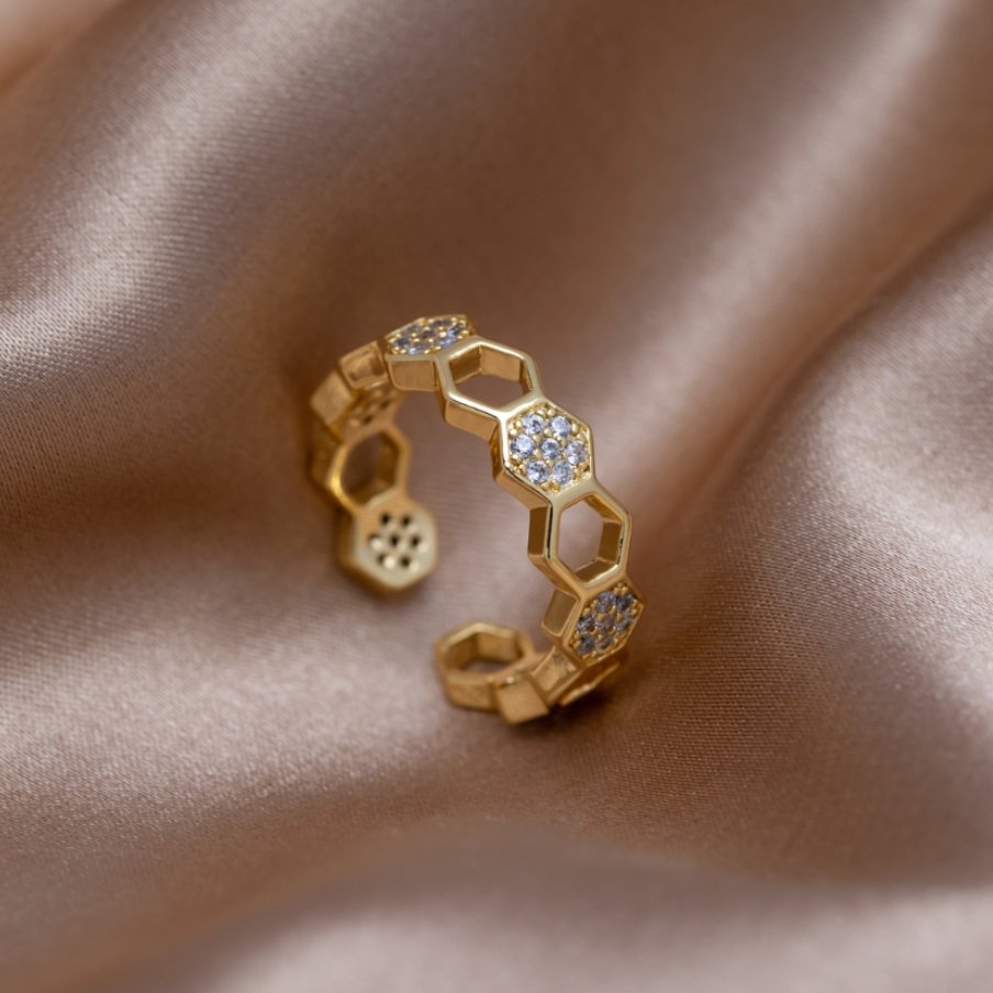 Bee Gold & Crystal Honeycomb Ring — 18K Gold Plated Adjustable Nature Ring