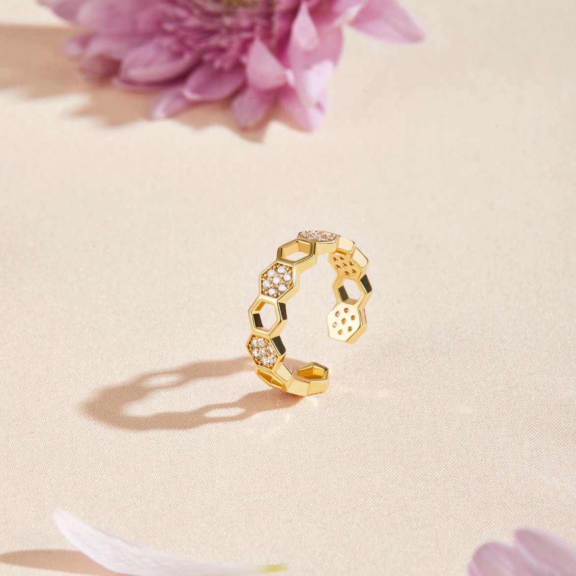 Bee Gold & Crystal Honeycomb Ring — 18K Gold Plated Adjustable Nature Ring