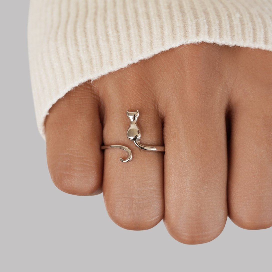 Midnight Cat Silver Ring — Adjustable Waterproof Playful Statement Ring