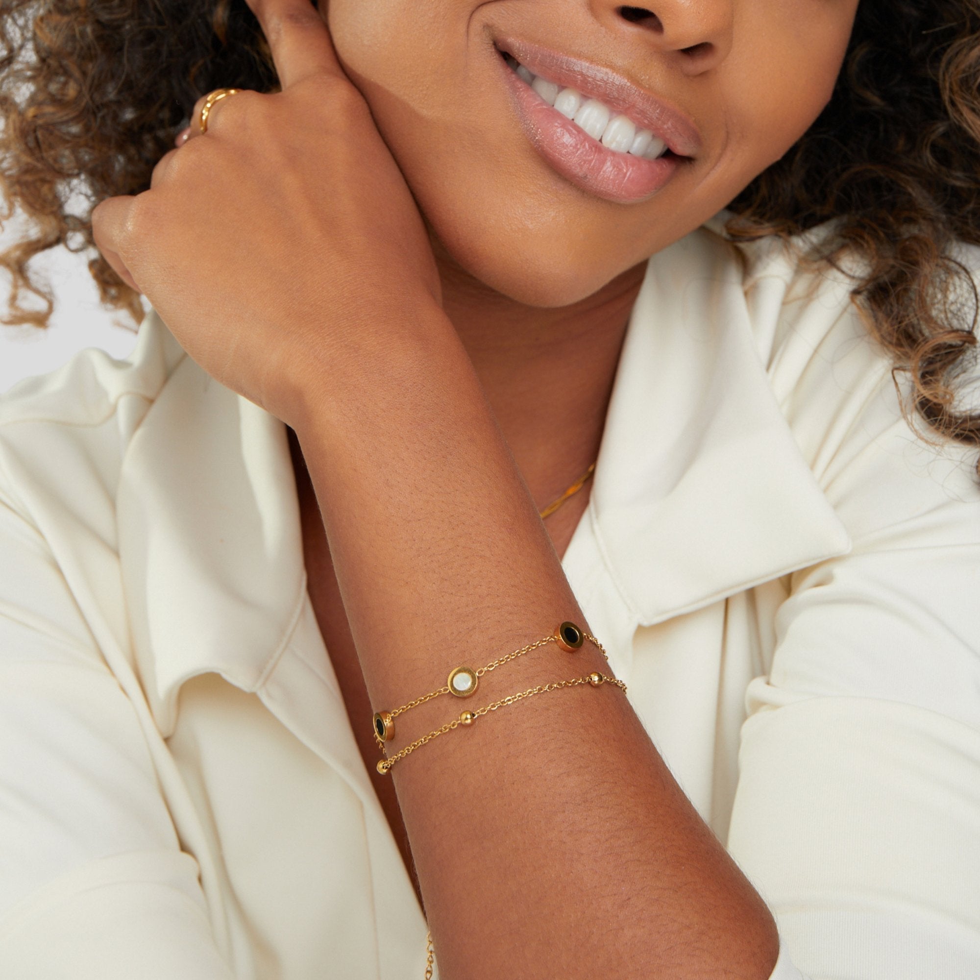 Onyx & White Stone Gold Bracelet — Bold Contrast Stacking Piece