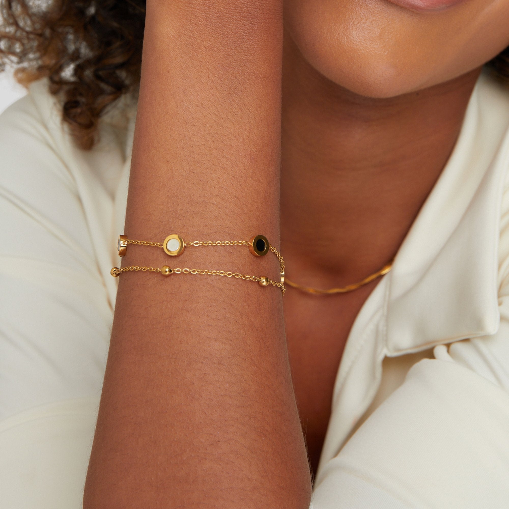 Onyx & White Stone Gold Bracelet — Bold Contrast Stacking Piece