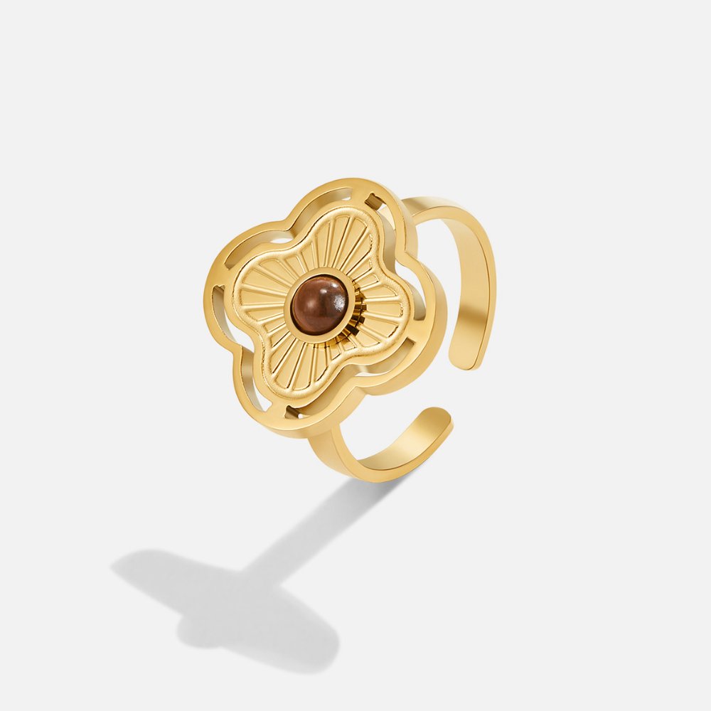 Tiger Eye Lucky Flower Ring — 18K Gold Plated Adjustable Gemstone Ring