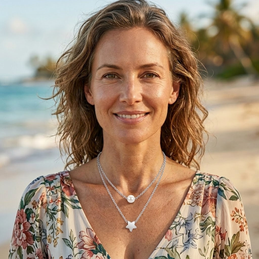 Layered Silver Star & Pearl Necklace — Waterproof Celestial Layering Necklace