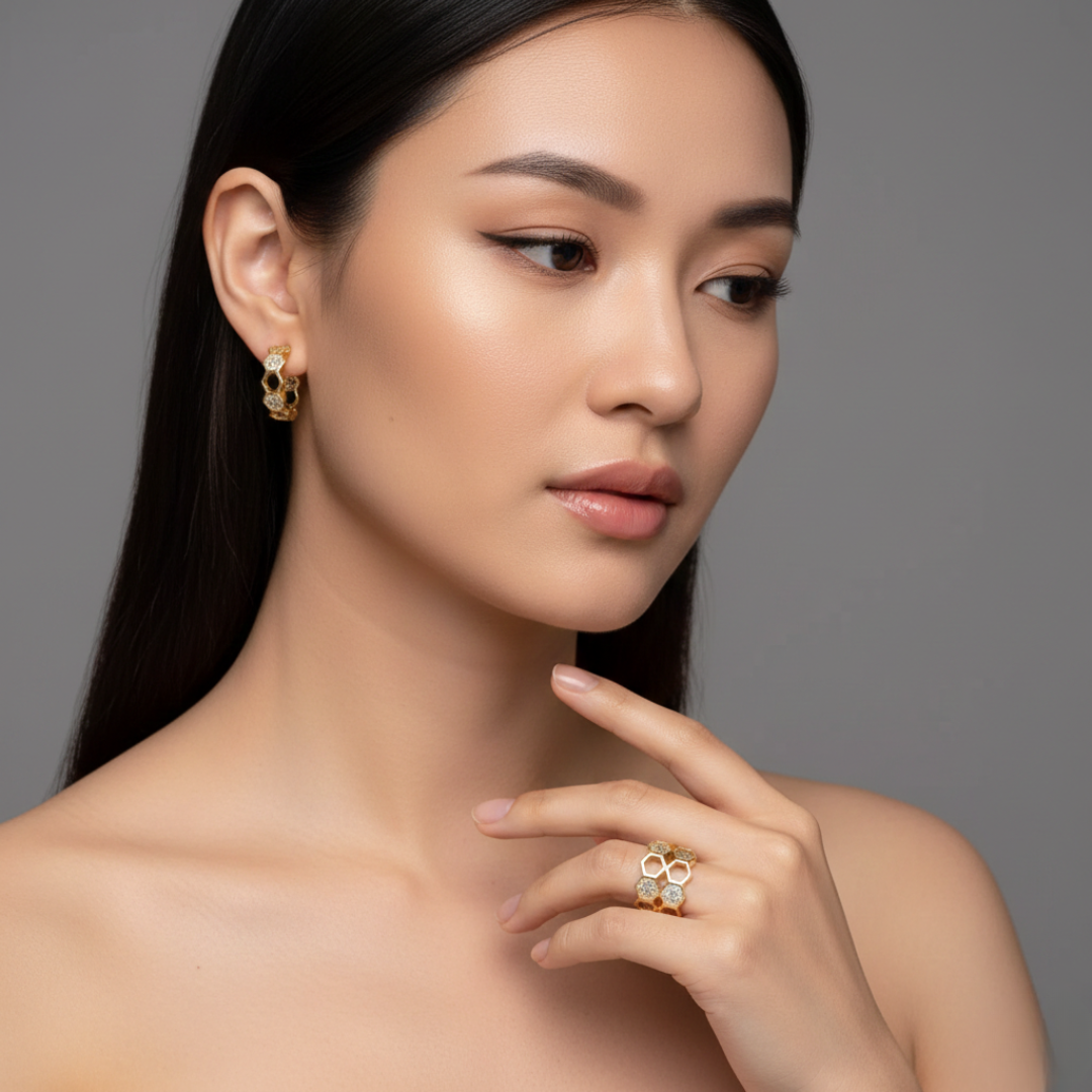 Bee Gold & Crystal Honeycomb Ring — 18K Gold Plated Adjustable Nature Ring