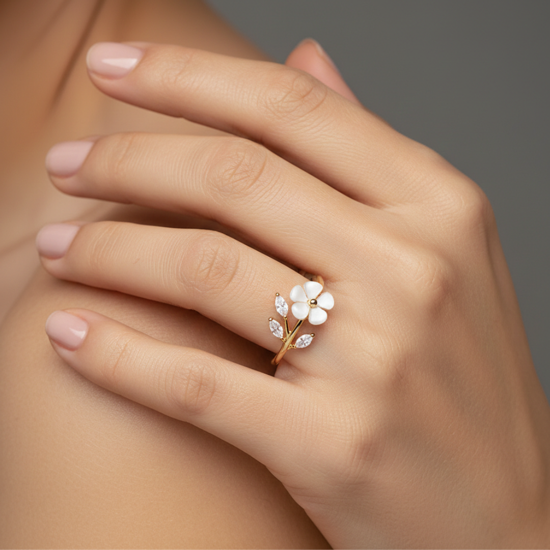 Blossom in White Floral Ring — Adjustable Nature-Inspired Statement Ring