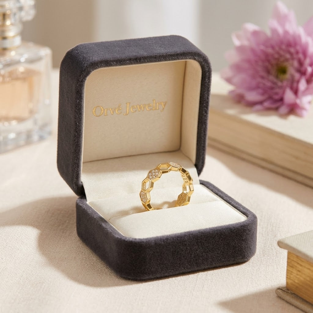 Bee Gold & Crystal Honeycomb Ring — 18K Gold Plated Adjustable Nature Ring