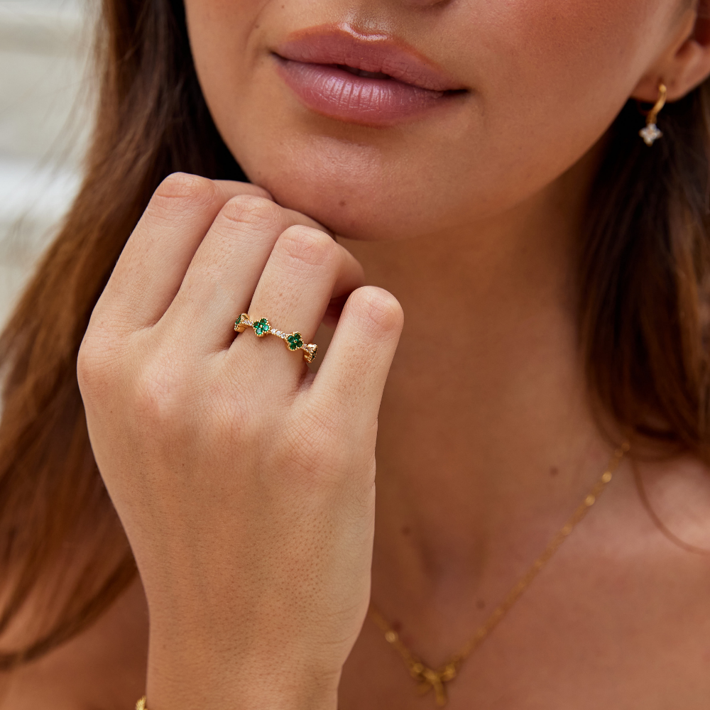 Lucky Clover Crystal Ring — 18K Gold Plated Four-Leaf Clover Ring