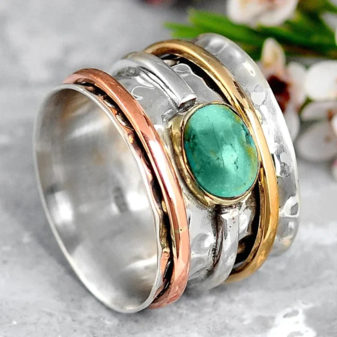 Coco Vintage Gold & Silver Ring with Turquoise — Waterproof Bohemian Statement Ring