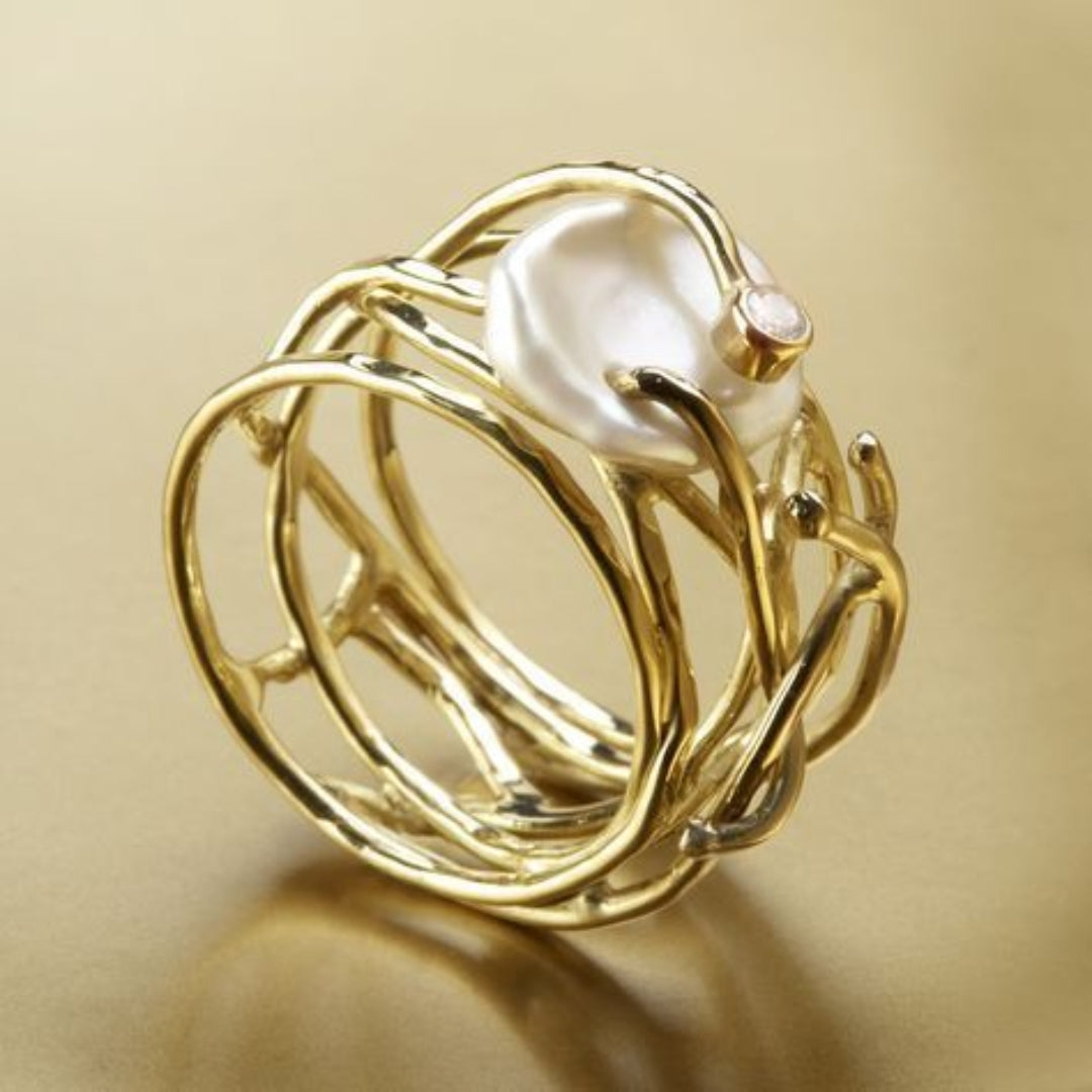 Samira Thin Golden & Pearl Ring — Waterproof Dainty Pearl Stacking Ring