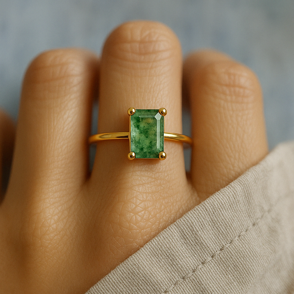 Natural Moss Agate Ring — Waterproof Earthy Gemstone Statement Ring