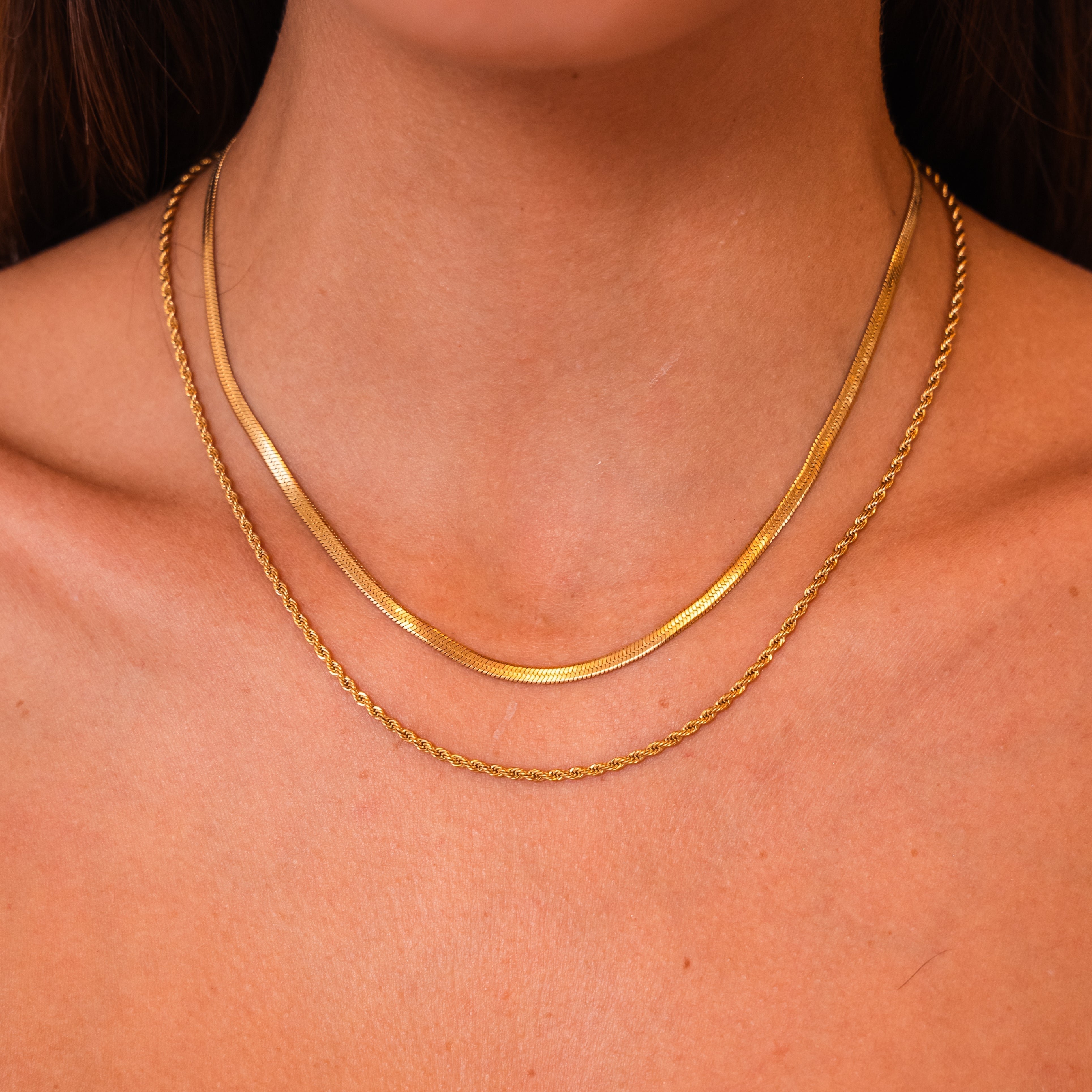 Lily Petal Strata Layered Necklace — 18K Gold PVD Herringbone & Rope Chain