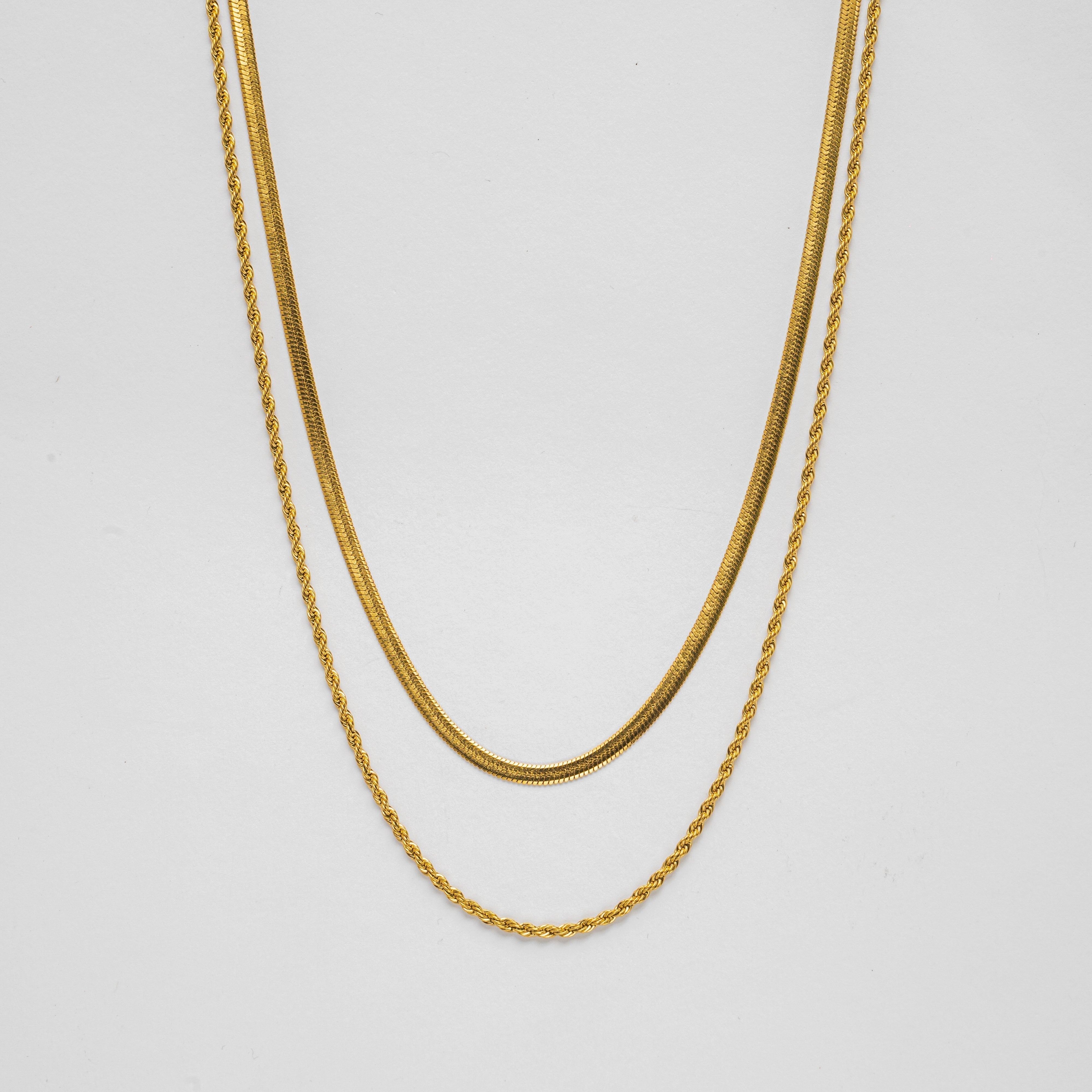 Lily Petal Strata Layered Necklace — 18K Gold PVD Herringbone & Rope Chain