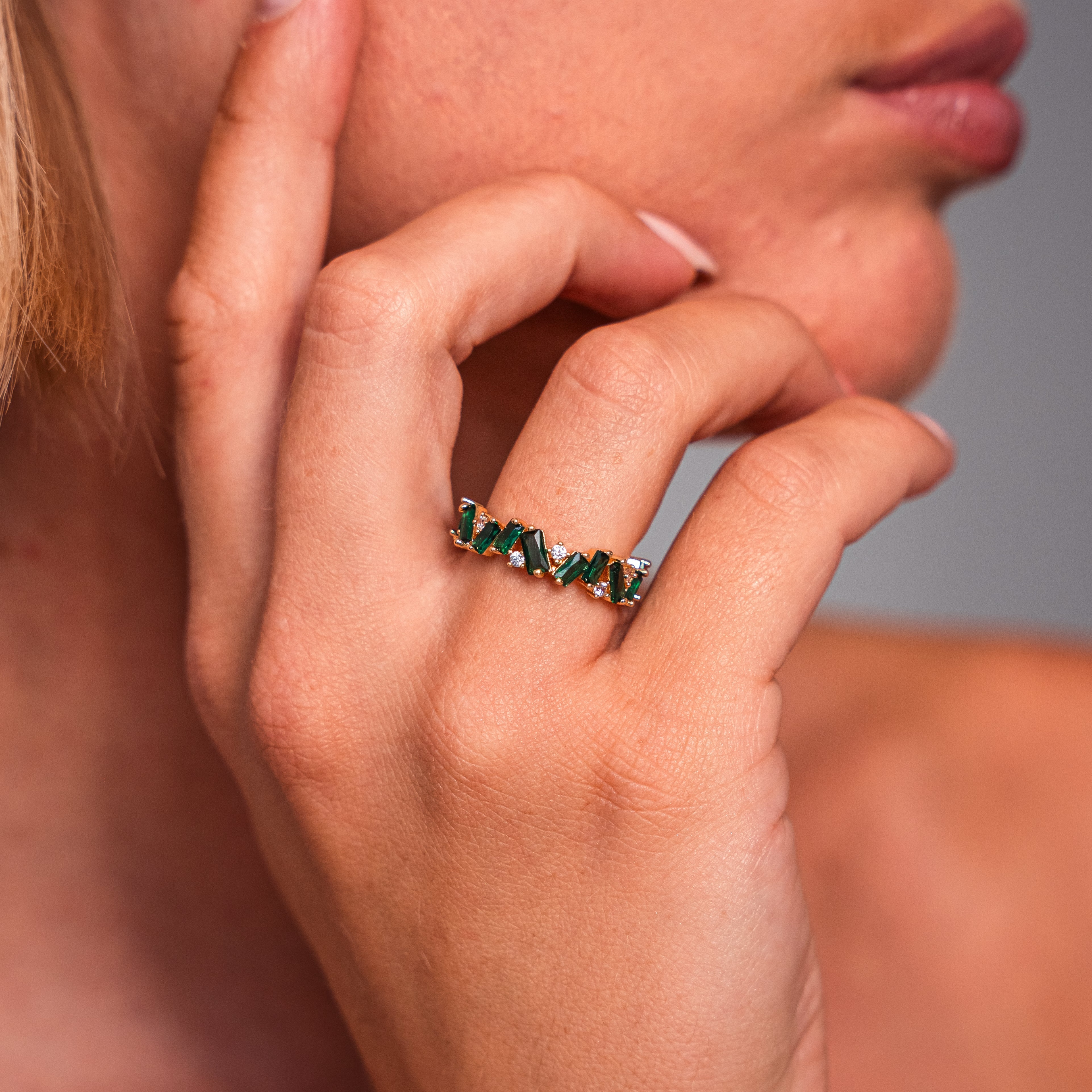 Emerald Elegance Boho Ring — Colourful Stone Textured Band Ring