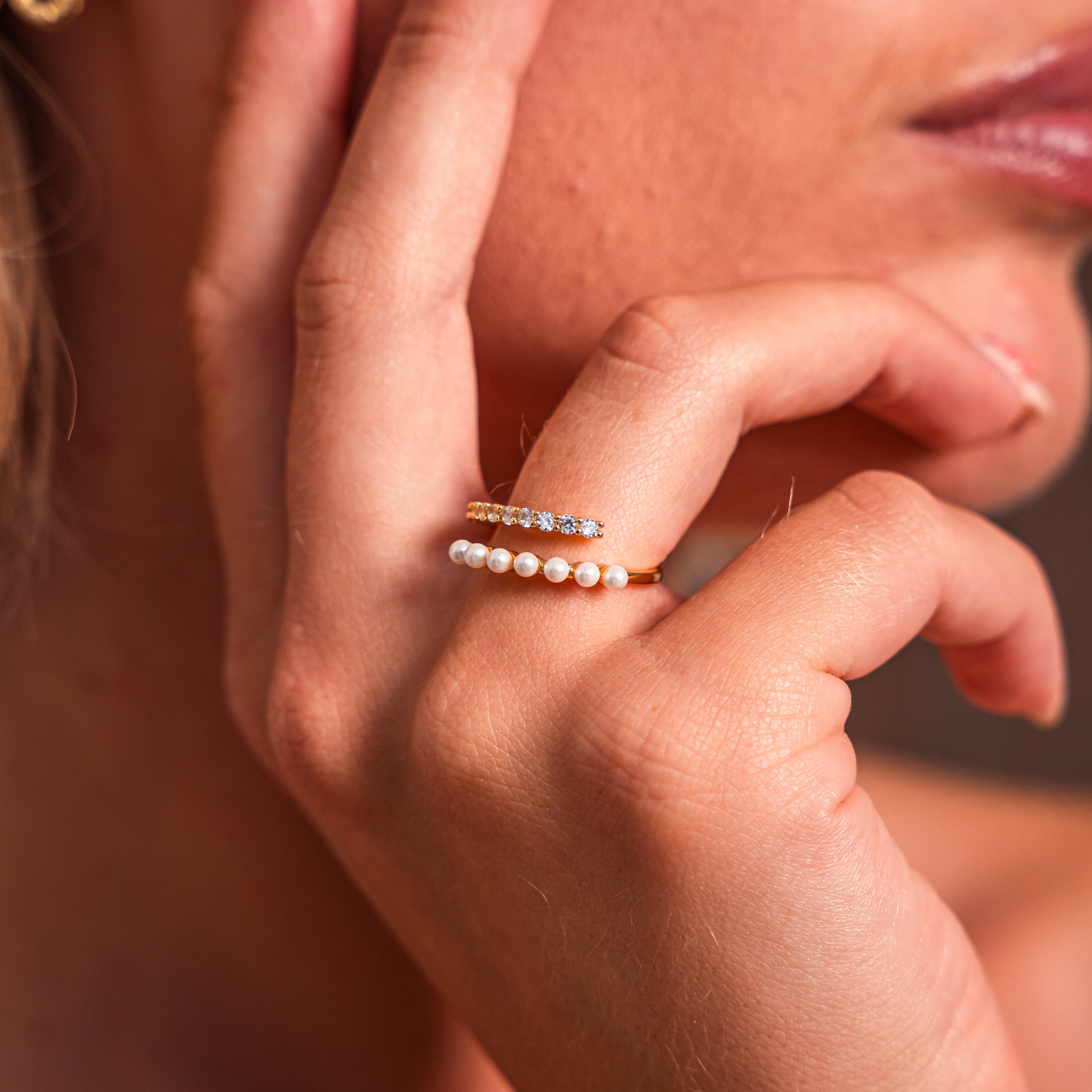 Cozy Wrap Pearl & Crystal Ring — Adjustable Simulated Pearl Statement Ring