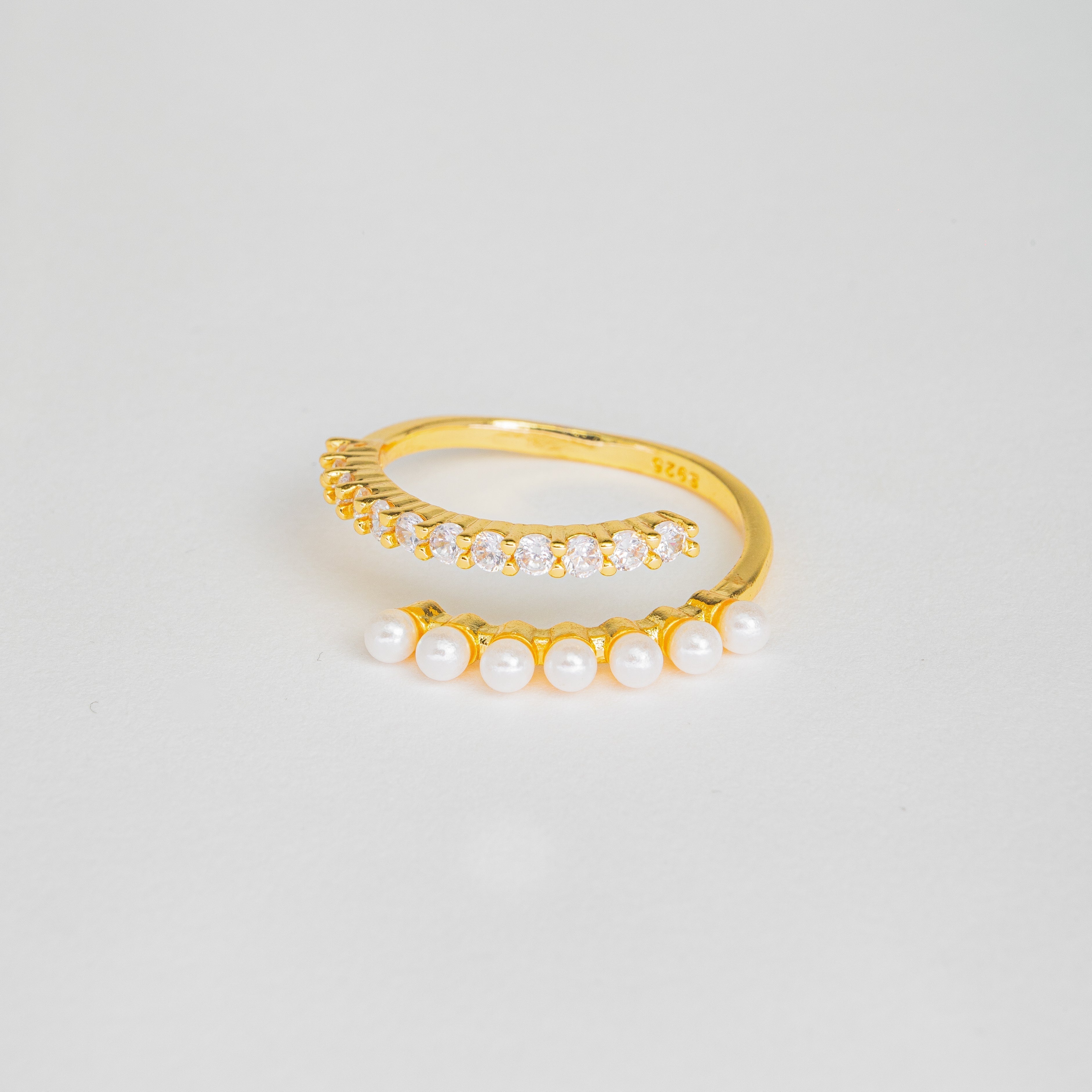 Cozy Wrap Pearl & Crystal Ring — Adjustable Simulated Pearl Statement Ring