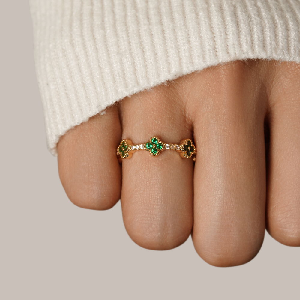 Lucky Clover Crystal Ring — 18K Gold Plated Four-Leaf Clover Ring