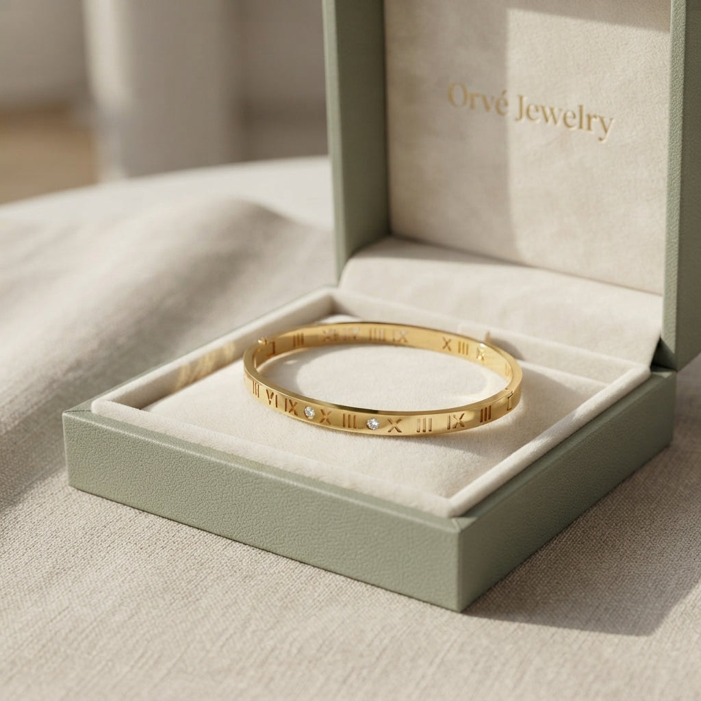 Roman Golden Bangle — Minimalist Structured Gold Cuff