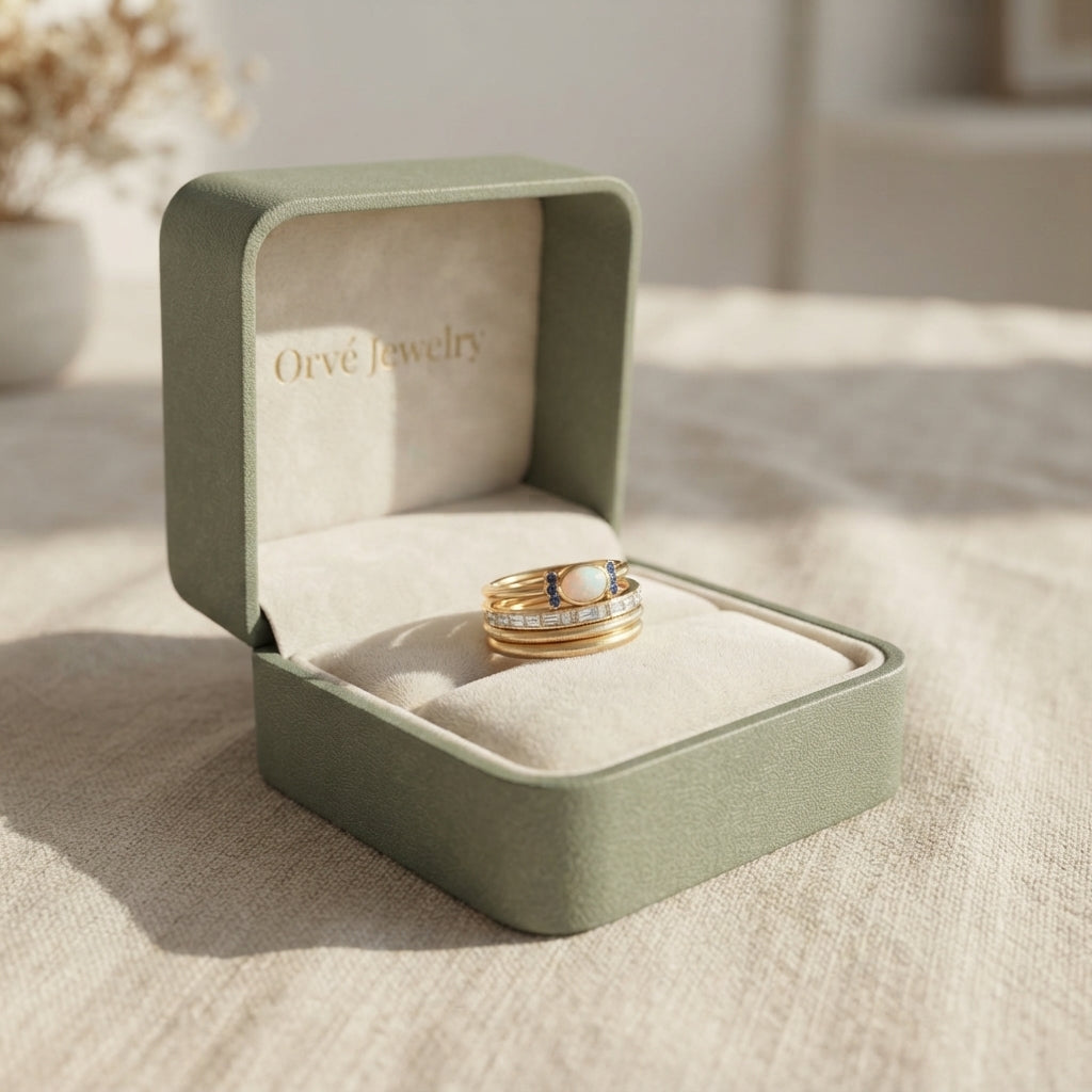 Oprah Vintage Gold Opal Ring Set — Waterproof Iridescent Stacking Set