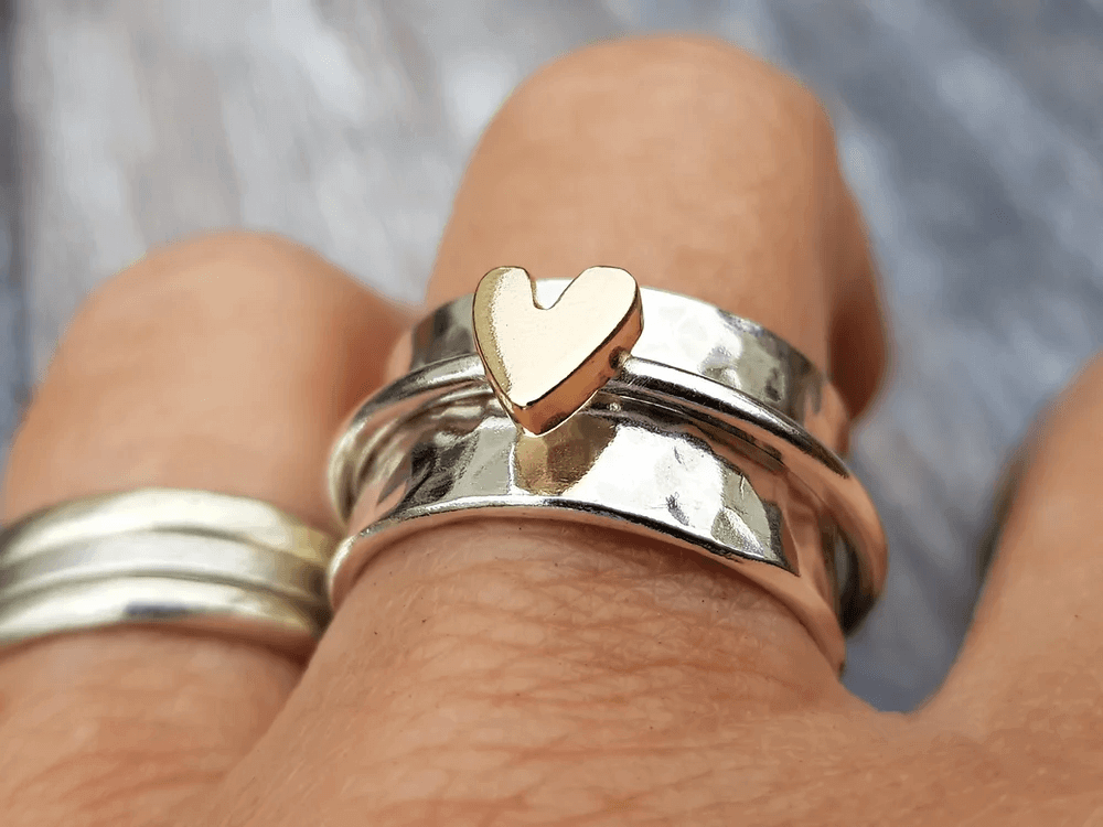 Mely Golden Heart Silver Ring — Waterproof Romantic Stacking Ring