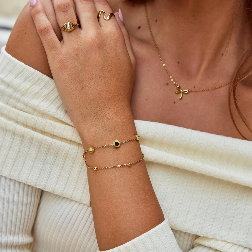 Onyx & White Stone Gold Bracelet — Bold Contrast Stacking Piece