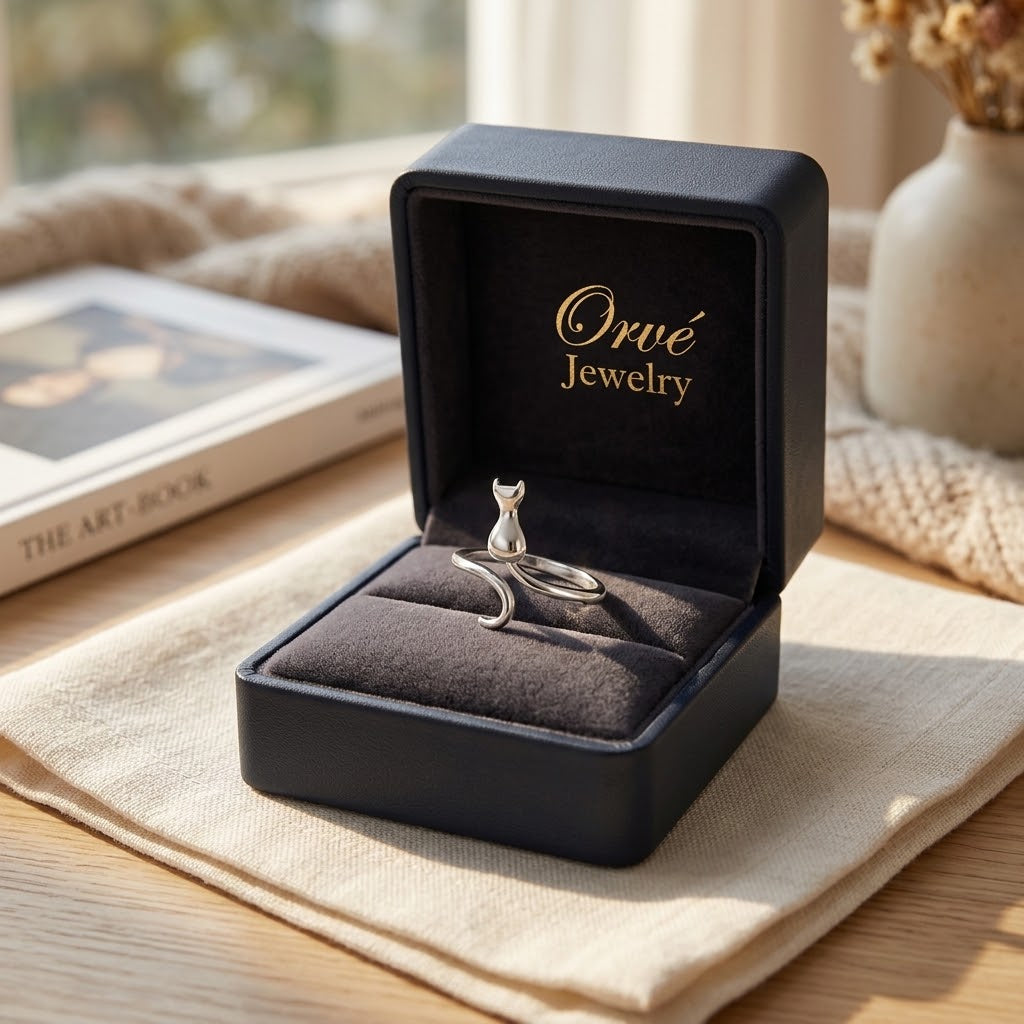 Midnight Cat Silver Ring — Adjustable Waterproof Playful Statement Ring