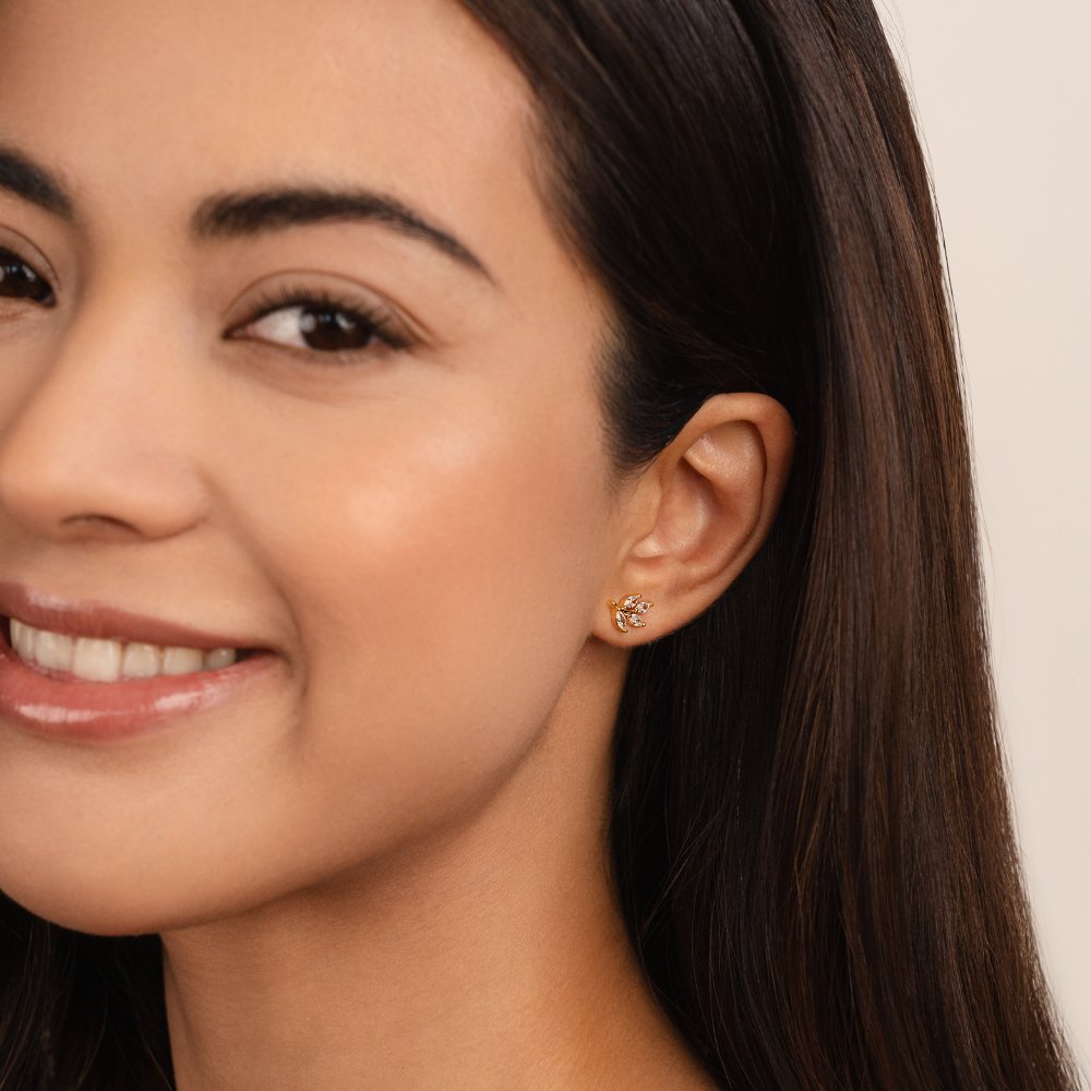 Crystal Chic Leaf Stud Earrings — Minimalist Nature-Inspired Gold Studs