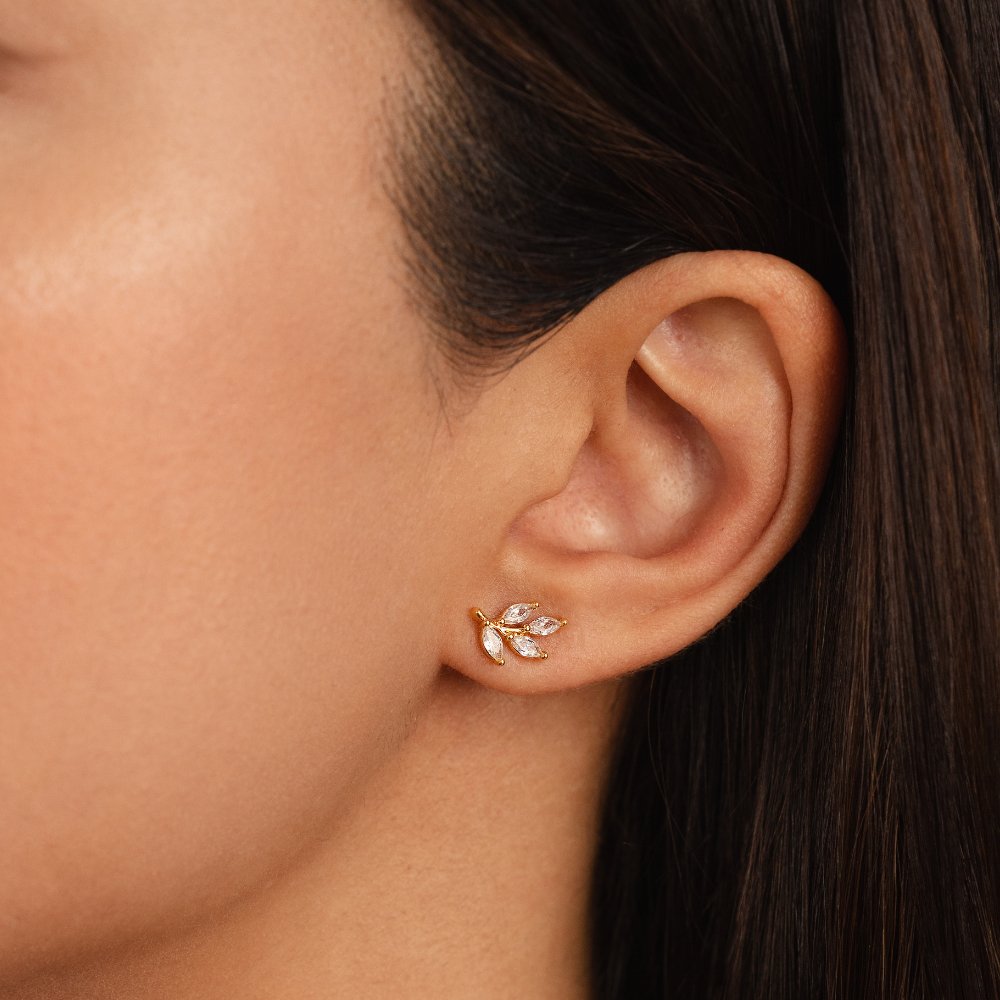 Crystal Chic Leaf Stud Earrings — Minimalist Nature-Inspired Gold Studs