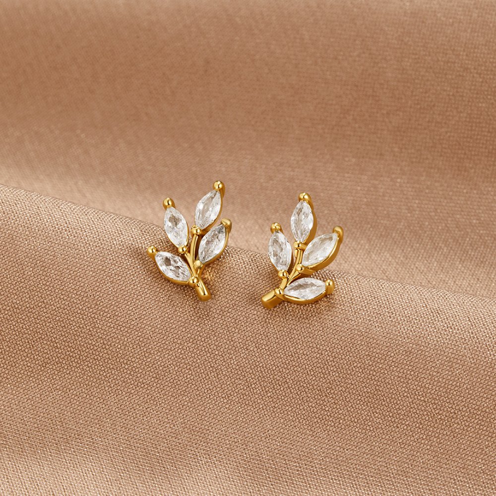 Crystal Chic Leaf Stud Earrings — Minimalist Nature-Inspired Gold Studs