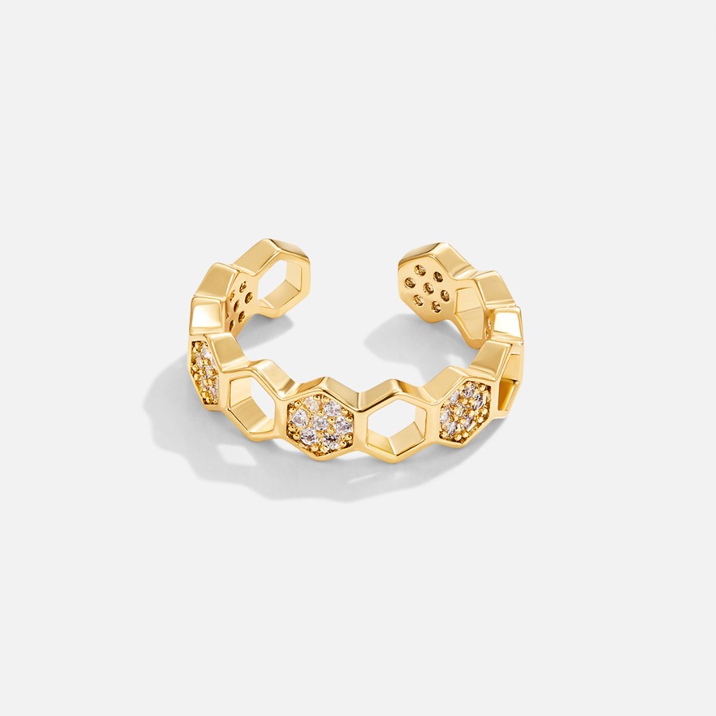 Bee Gold & Crystal Honeycomb Ring — 18K Gold Plated Adjustable Nature Ring