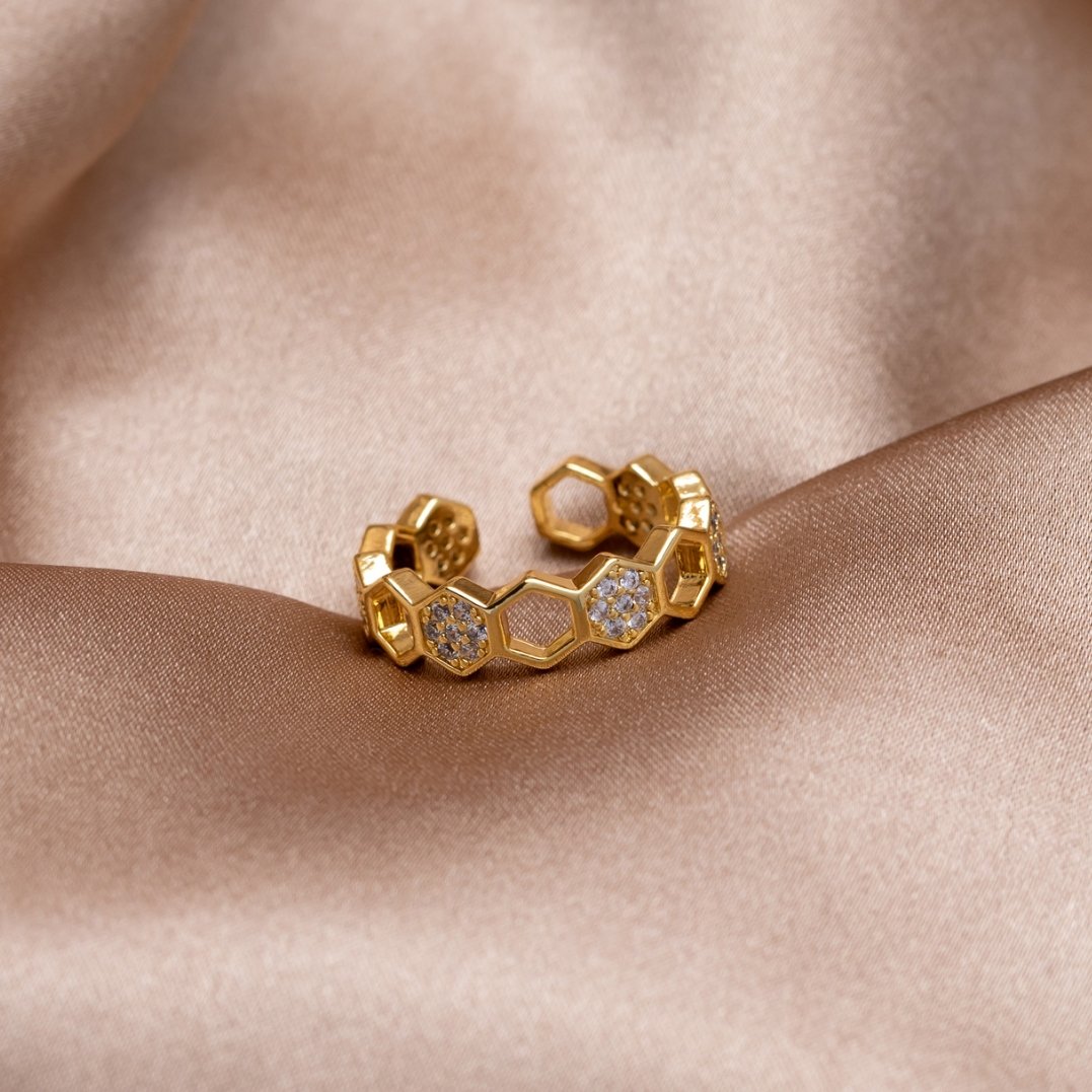 Bee Gold & Crystal Honeycomb Ring — 18K Gold Plated Adjustable Nature Ring