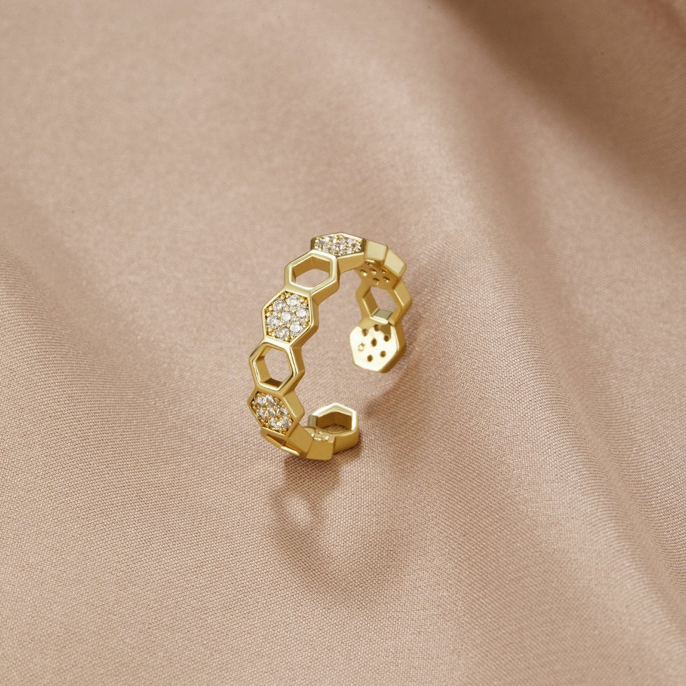 Bee Gold & Crystal Honeycomb Ring — 18K Gold Plated Adjustable Nature Ring