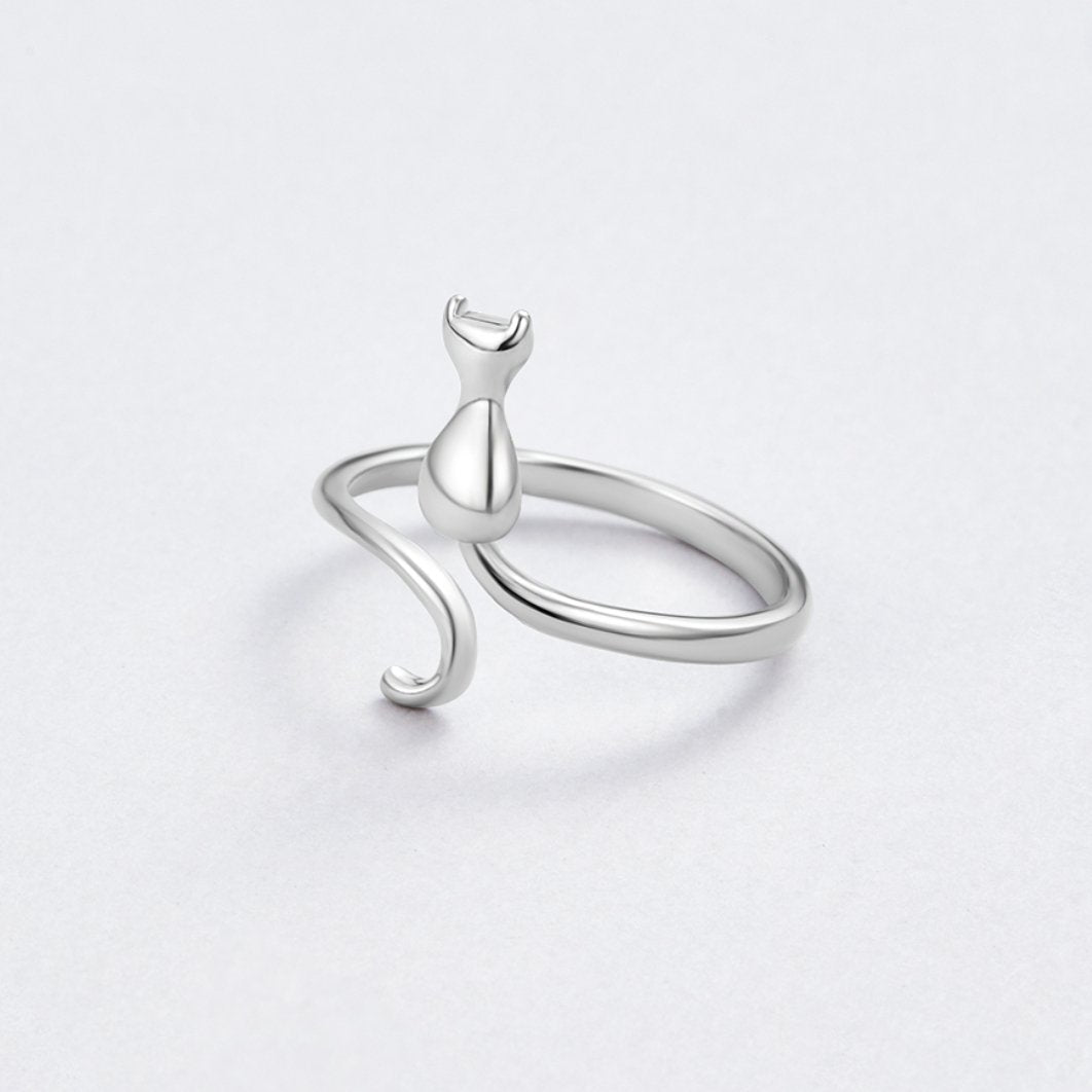 Midnight Cat Silver Ring — Adjustable Waterproof Playful Statement Ring