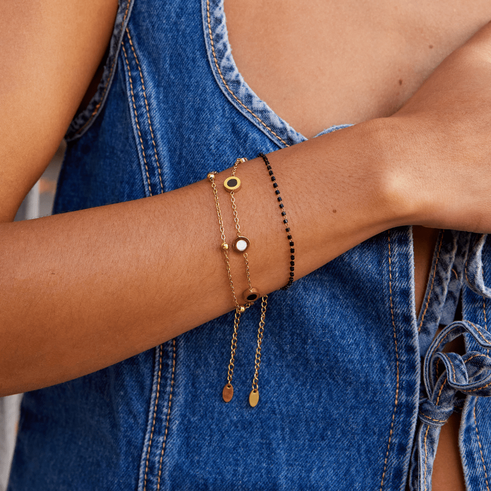 Onyx & White Stone Gold Bracelet — Bold Contrast Stacking Piece