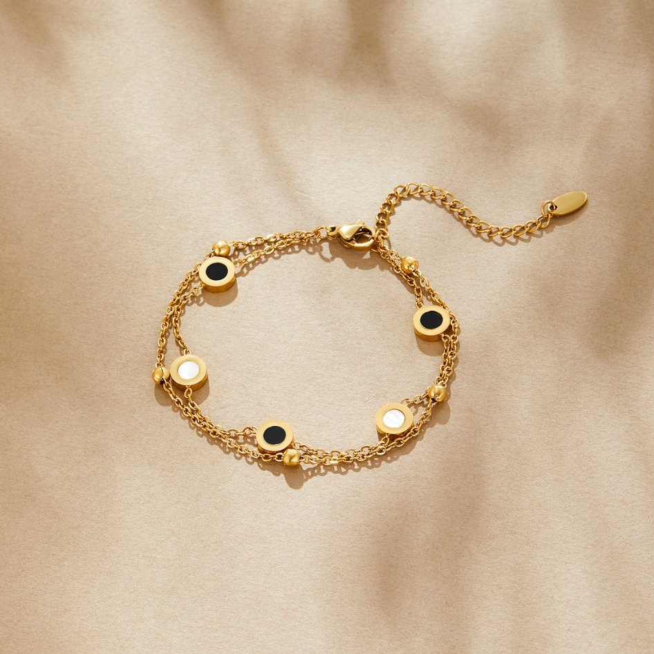 Onyx & White Stone Gold Bracelet — Bold Contrast Stacking Piece